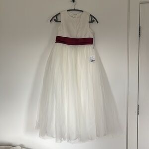 NWT Dessy Girl flower girl dress off white ivory red maroon sash satin tulle 12